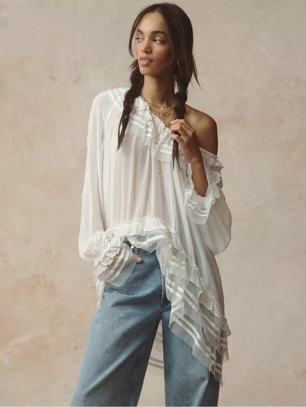 ANTHROPOLOGIE White Ruffled One-Shoulder Peasant Tunic